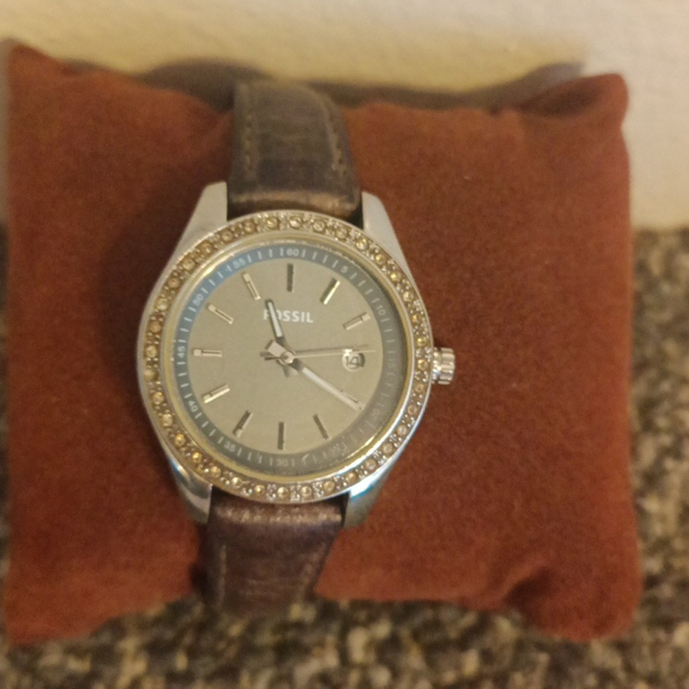 Fossil mini Stella brown leather gray and rhinestone dial ES 3025